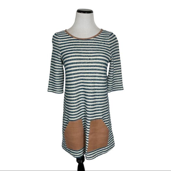 Anthropologie Women’s Tunic S Beige Blue Stripe Short Sleeve Scoop Neck - Picture 1 of 9